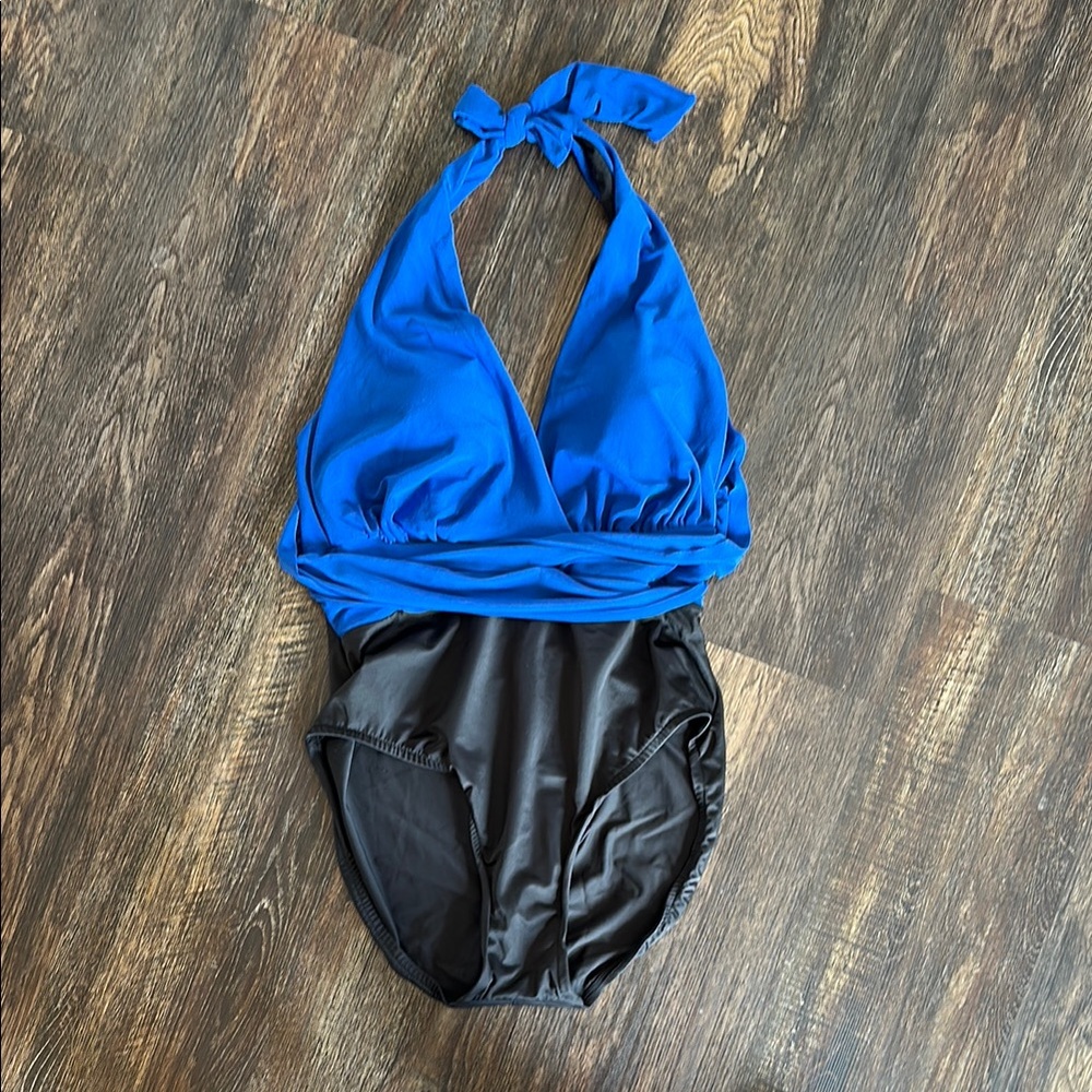 Swim Halter One-Piece in Blue and Black